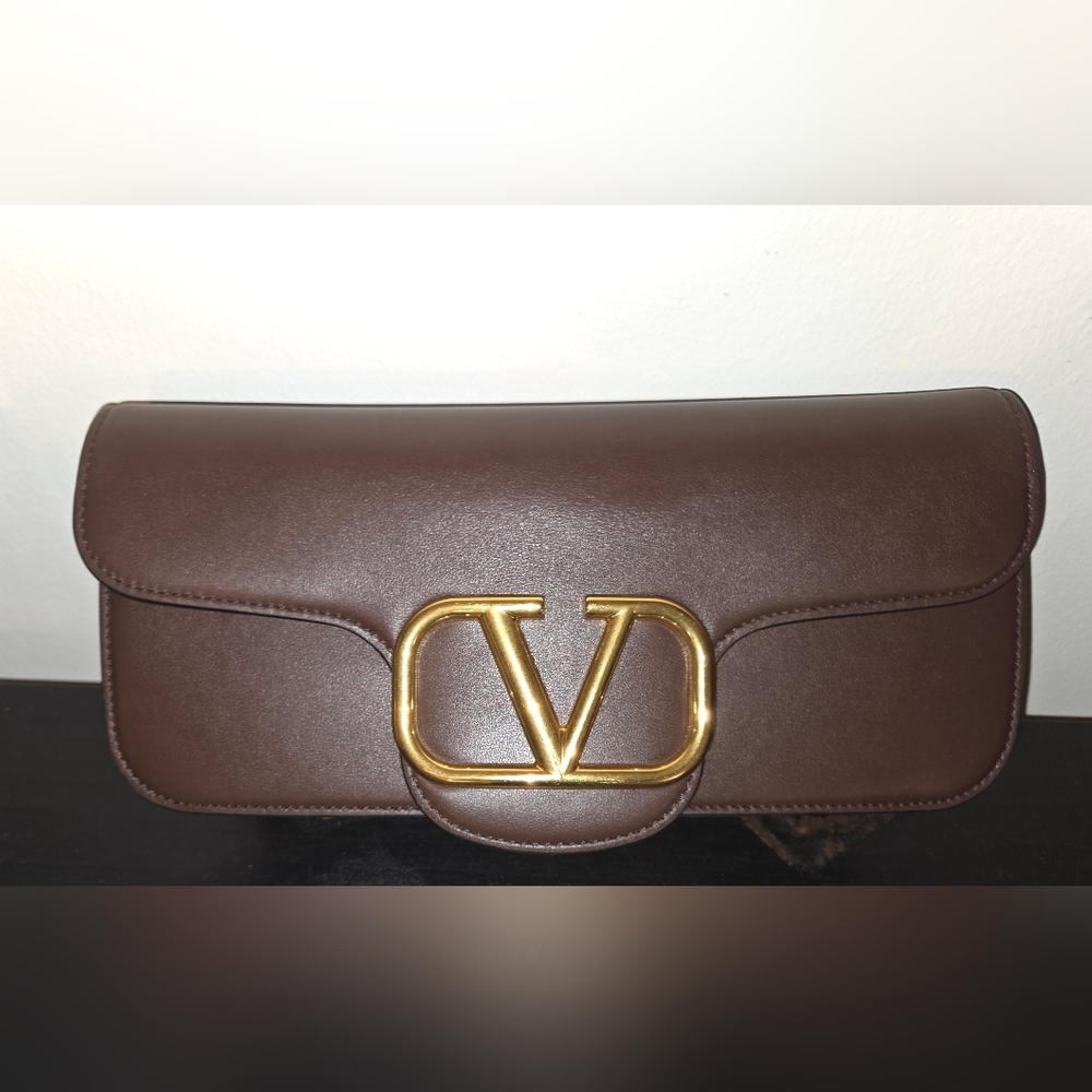 Valentino Brown Leather Vlogo Loco Crossbody Clutch Bag